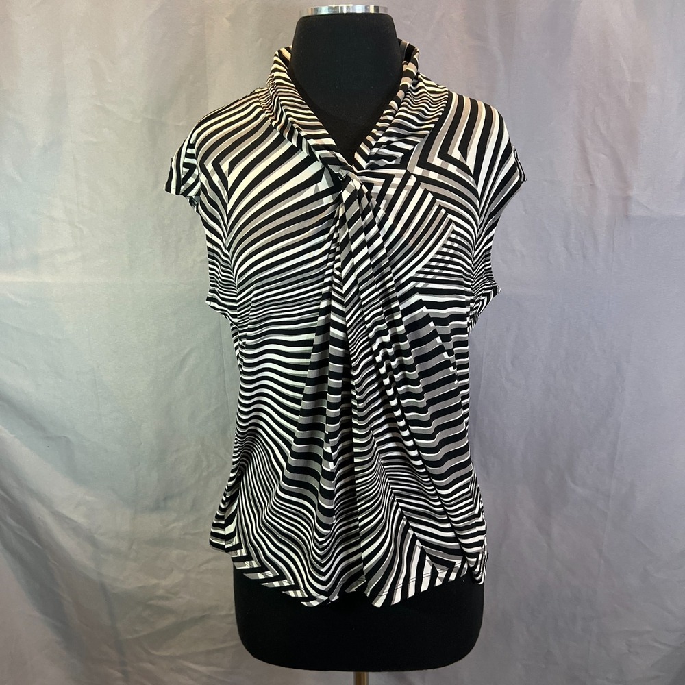 Worthington Blouse Top Womens Large Black White Striped Twist Front Sleeveless